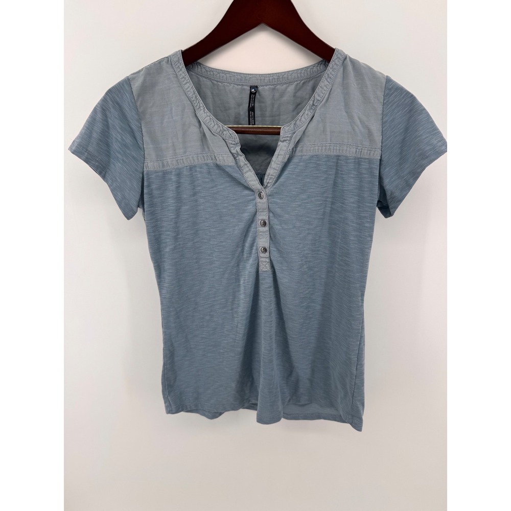 Kuhl Womens Blue Slub Knit Mixed Media Short Sleeve Henley Top Size S